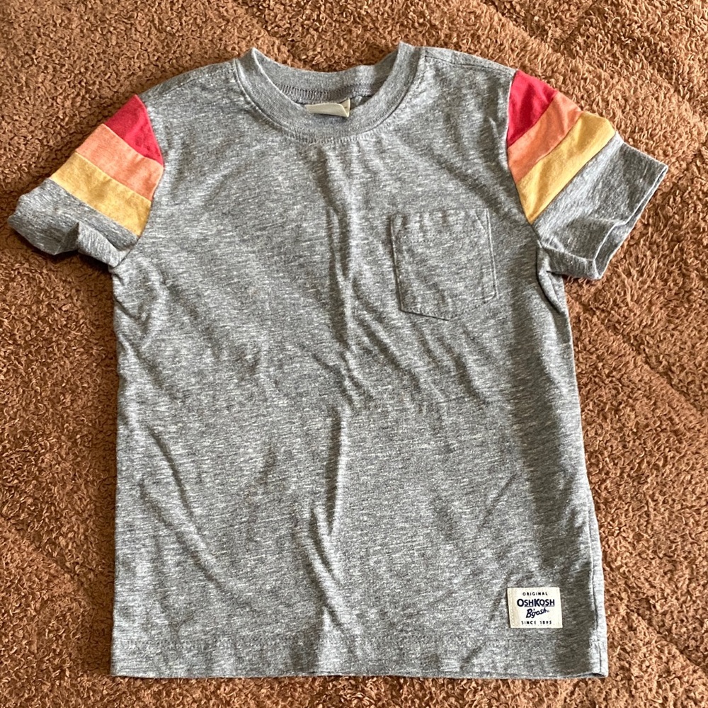 OshKosh B'gosh Gray Tee with Red and Yellow Striped Sleeves
